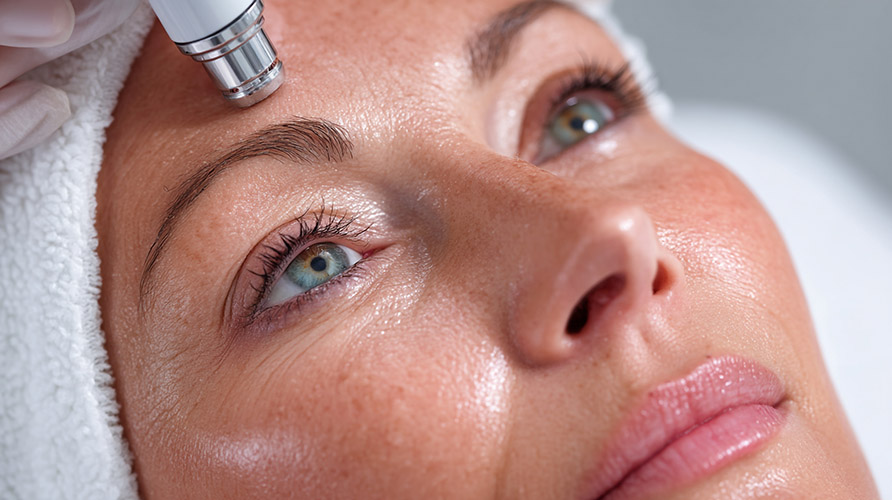 A woman receiving a facial treatment with a device on her forehe